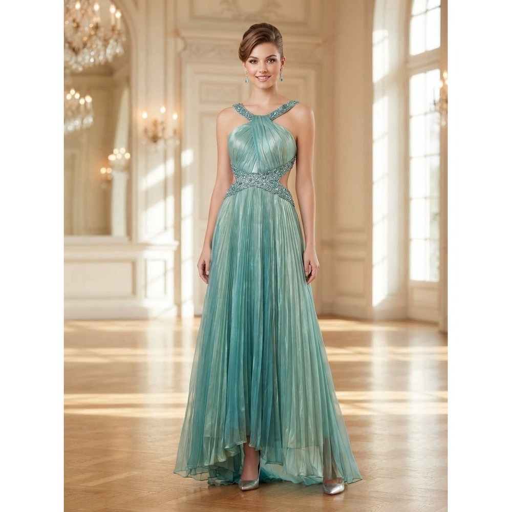 Dave & Johnny Dress Pleated Formal Evening Gown Beaded Green Size 1/2 Fairy Y2K
